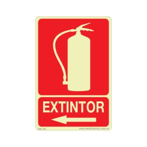 Señal de extintor con flecha a la izquierda